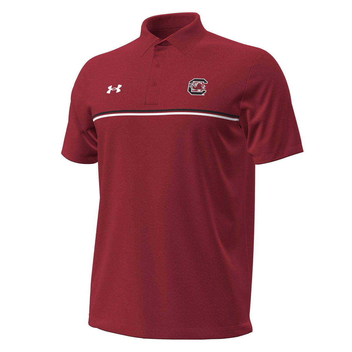 Garnet Under Armour polo with embroidered South Carolina Gamecocks logo on left chest, black and white stripe detail across chest, and white Under Armour logo on right chest.