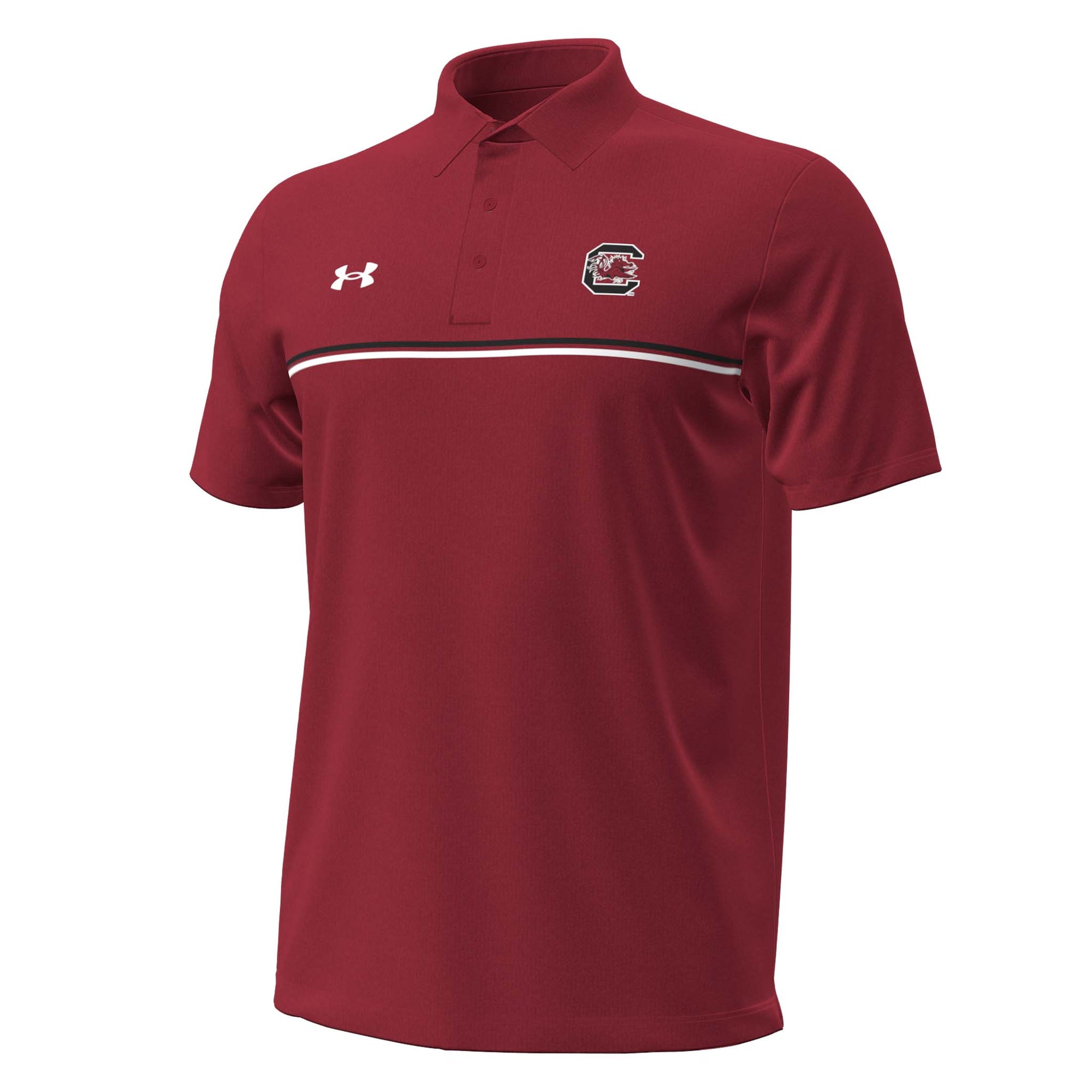 Garnet Under Armour polo with embroidered South Carolina Gamecocks logo on left chest, black and white stripe detail across chest, and white Under Armour logo on right chest.