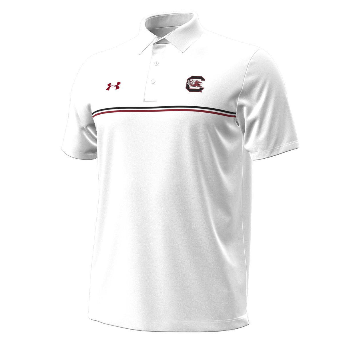 White Under Armour polo with embroidered South Carolina Gamecocks logo on left chest, red and black stripe detail across chest, and red Under Armour logo on right chest.