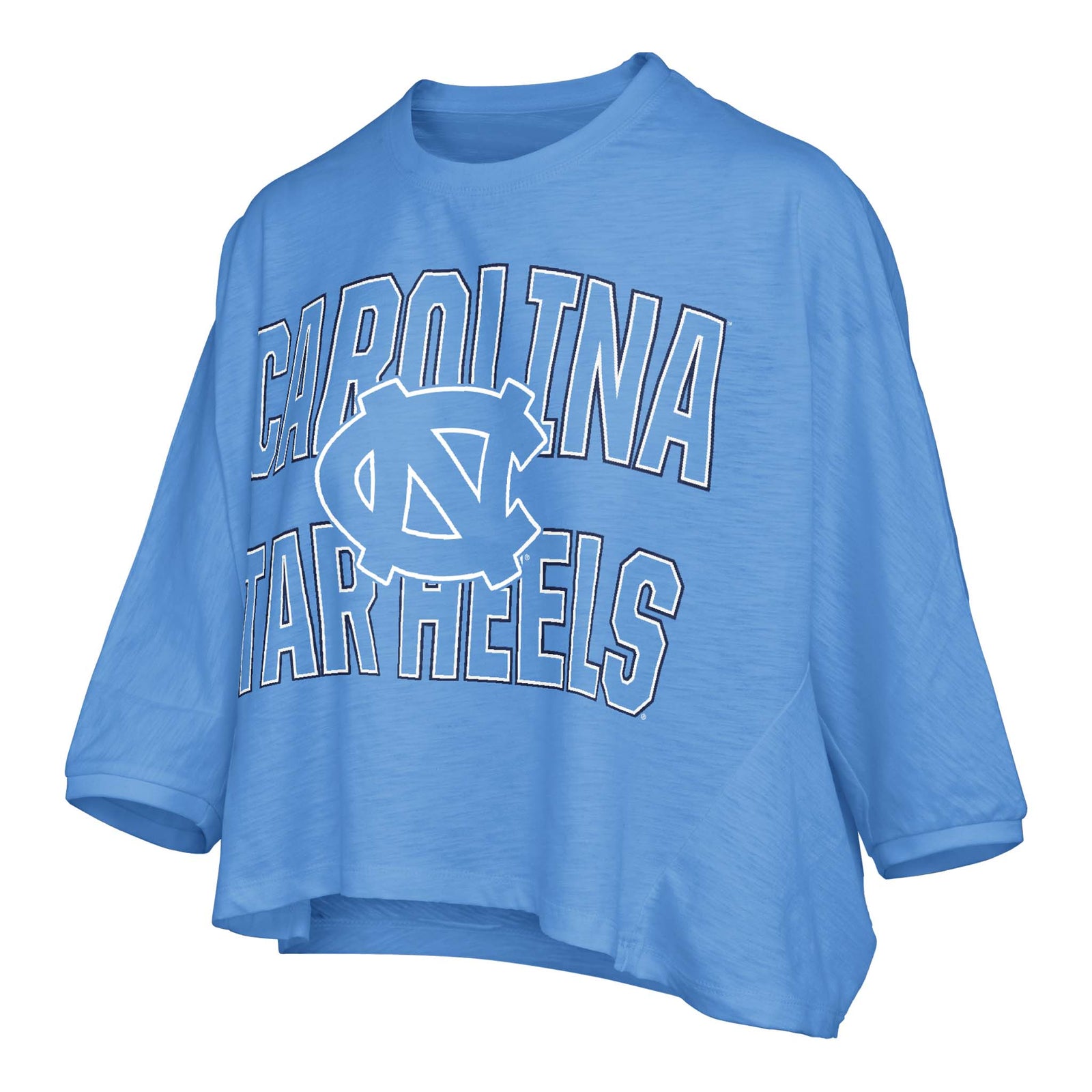 Cropped light blue University of North Carolina top with "Carolina Tar Heels" and interlocking NC logo on the front, featuring 3/4 sleeves and a high-low hem.