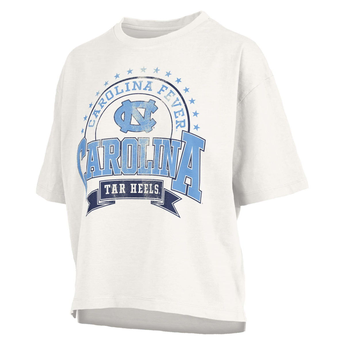 UNC Tar Heels women’s cropped white t-shirt with Carolina Fever graphic, UNC logo, and bold Carolina lettering above Tar Heels banner.