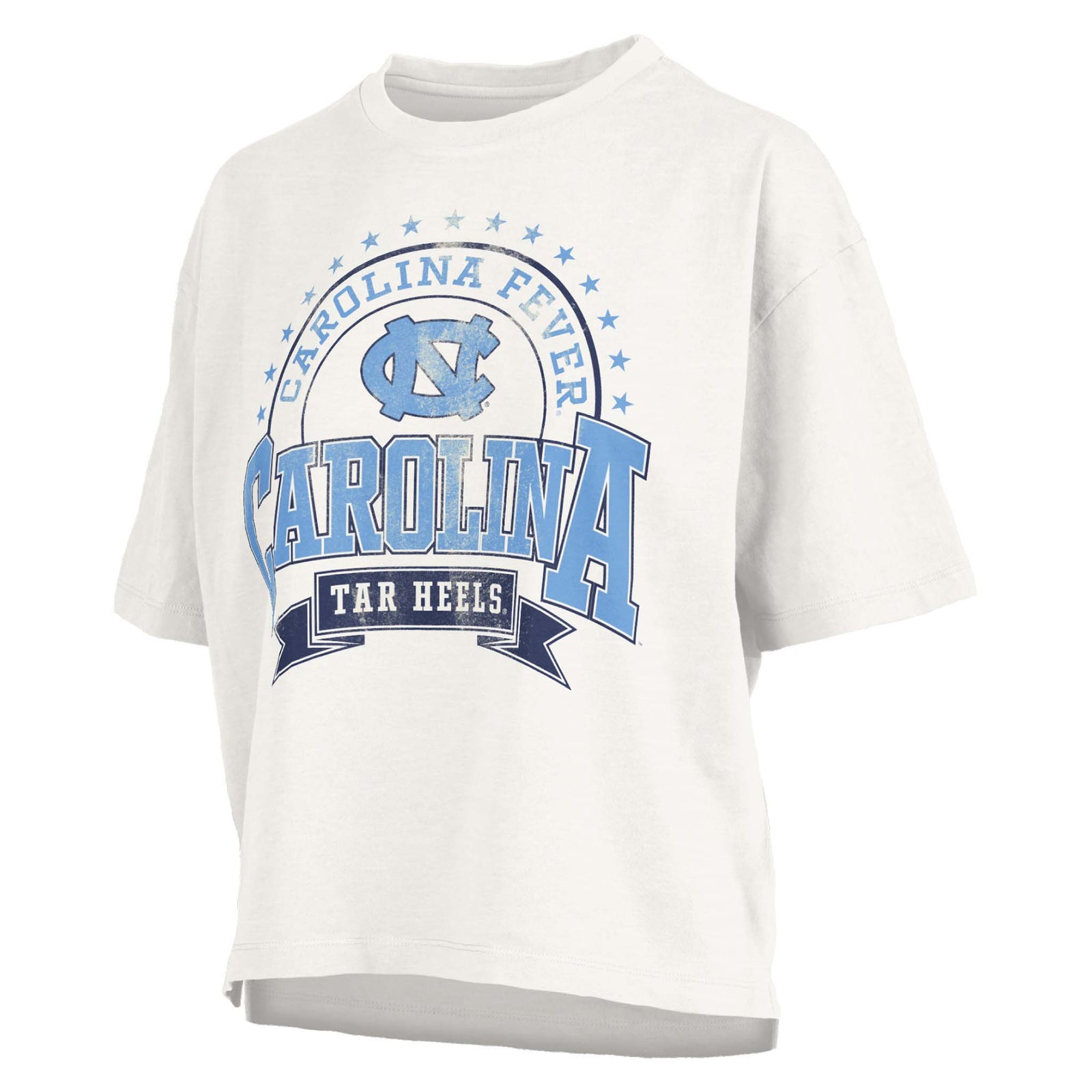 UNC Tar Heels women’s cropped white t-shirt with Carolina Fever graphic, UNC logo, and bold Carolina lettering above Tar Heels banner.