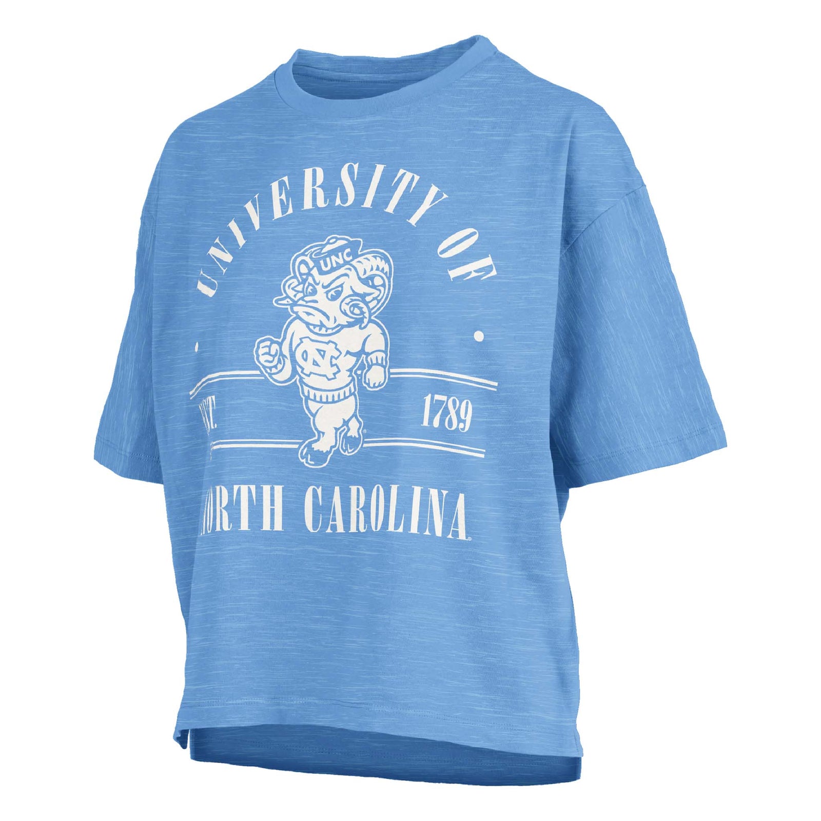 Cropped light blue UNC t-shirt with white “University of North Carolina” text and vintage Rameses mascot graphic on front, featuring short sleeves and a relaxed, boxy fit.