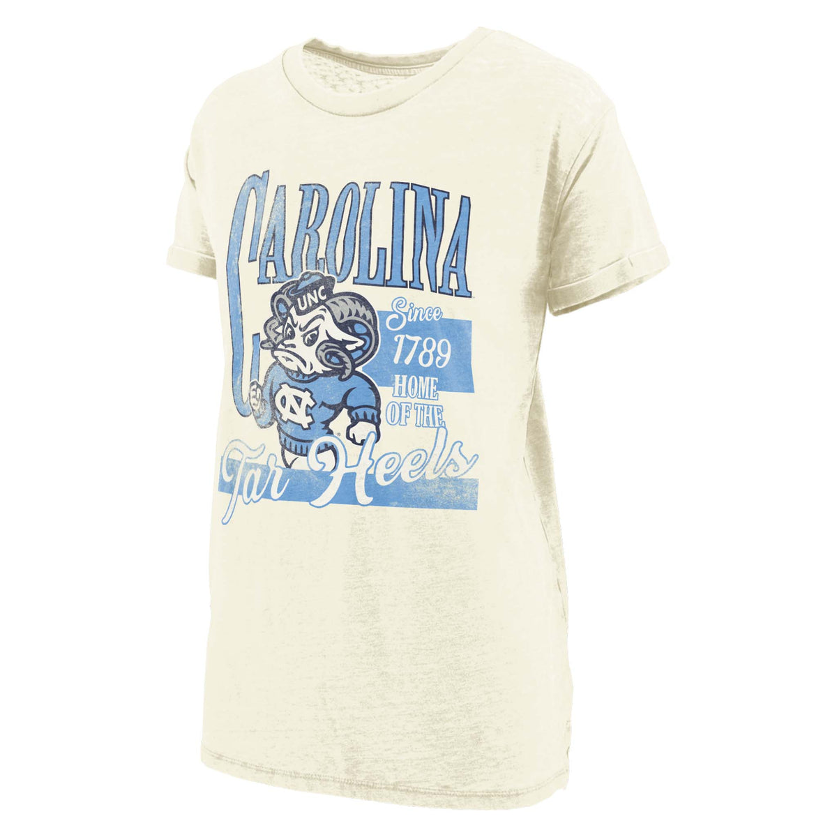 Ivory UNC t-shirt with vintage-style Carolina graphic featuring Rameses mascot, "Since 1789" text, and “Home of the Tar Heels” in Carolina blue and white.