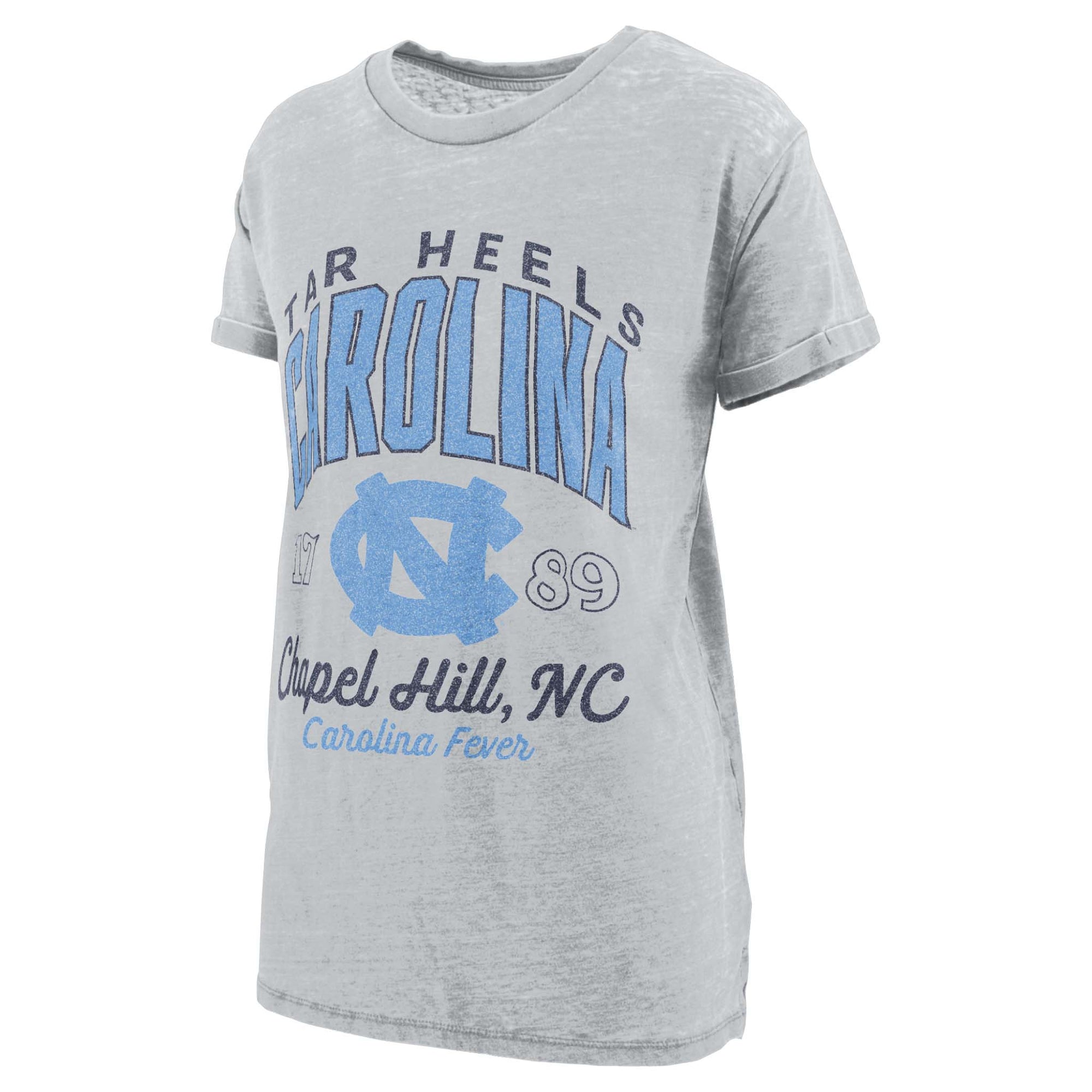 UNC Tar Heels women’s heather grey t-shirt with Carolina lettering, NC logo, and “Chapel Hill, NC Carolina Fever” text on front.