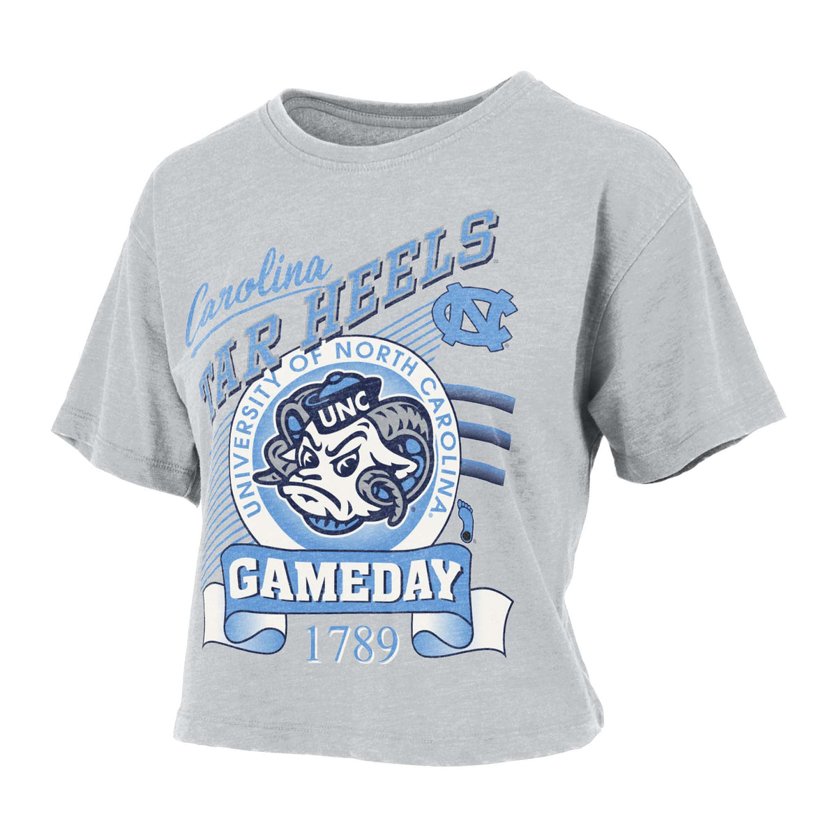 Gray cropped UNC t-shirt with Carolina blue “GAMEDAY,” “Tar Heels,” and Rameses mascot graphic, featuring the University of North Carolina seal and 1789 text.