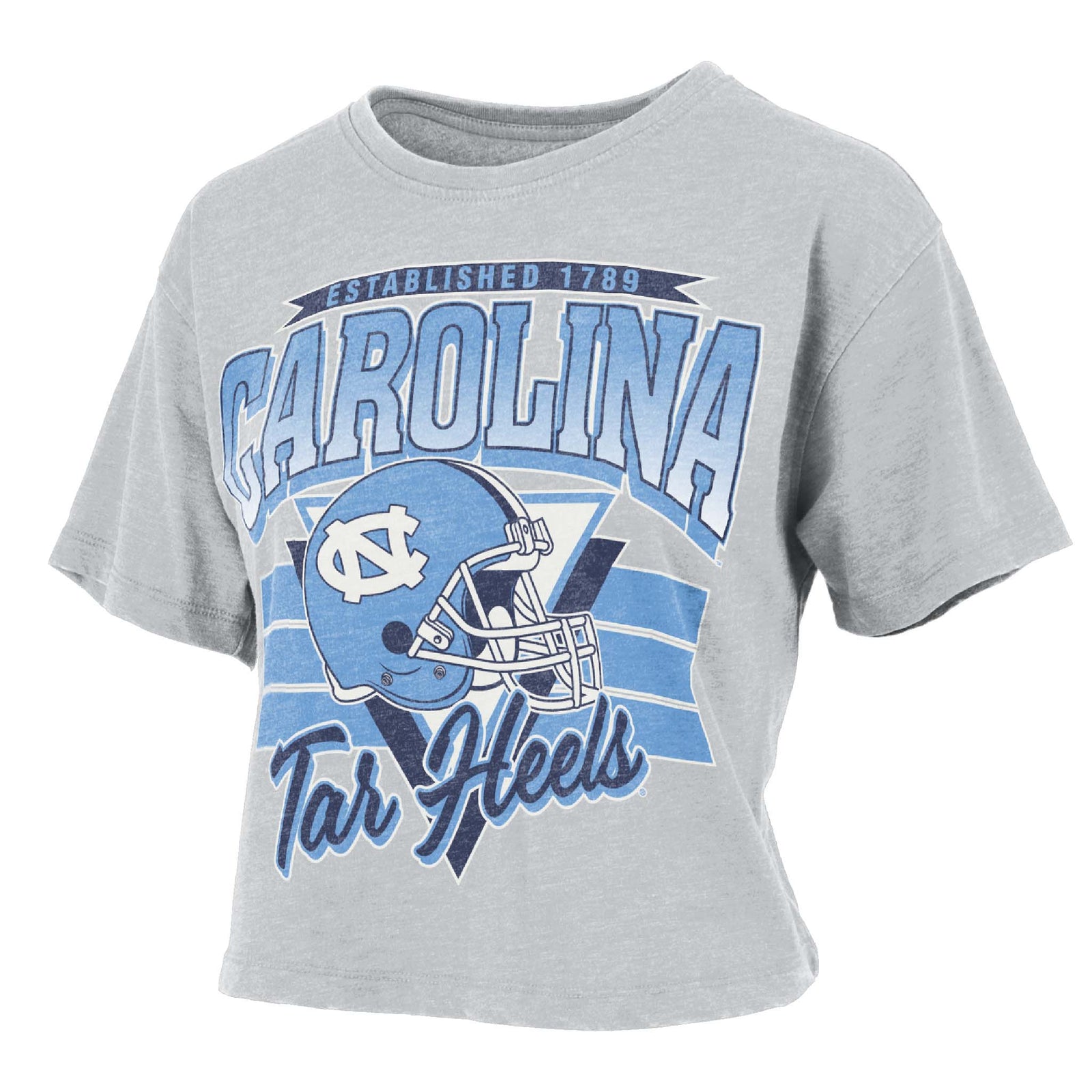 Gray cropped UNC Tar Heels t-shirt with oversized “Carolina Tar Heels” text, large light blue football helmet graphic with UNC logo, and “Established 1789” design.