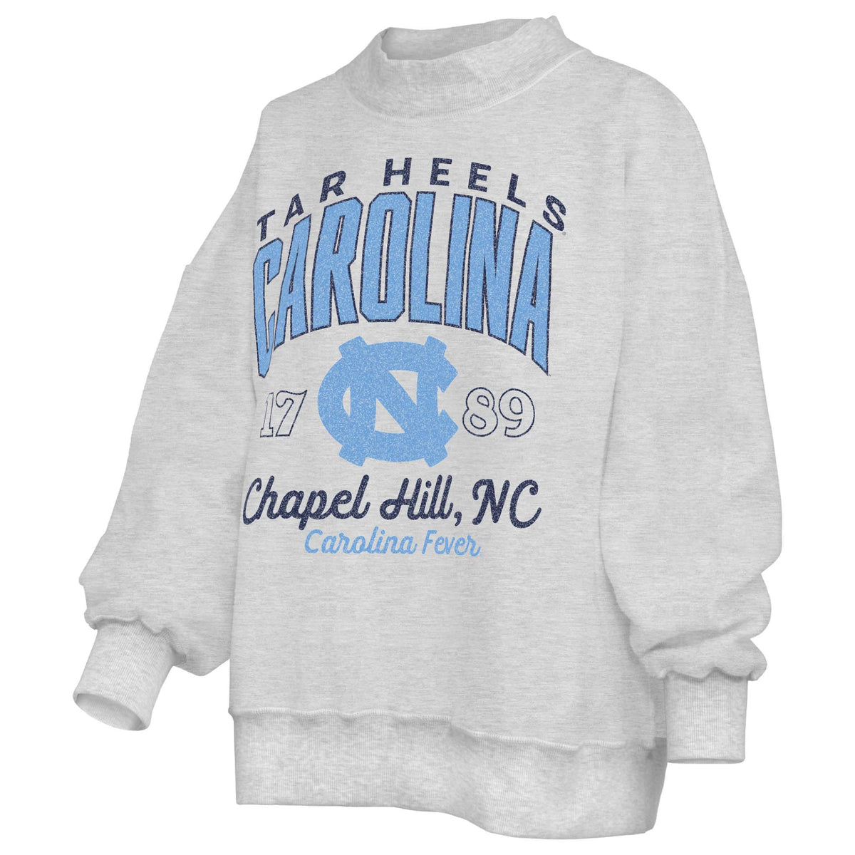 Gray sweatshirt with 'Carolina' and 'Tar Heels' text on a white background