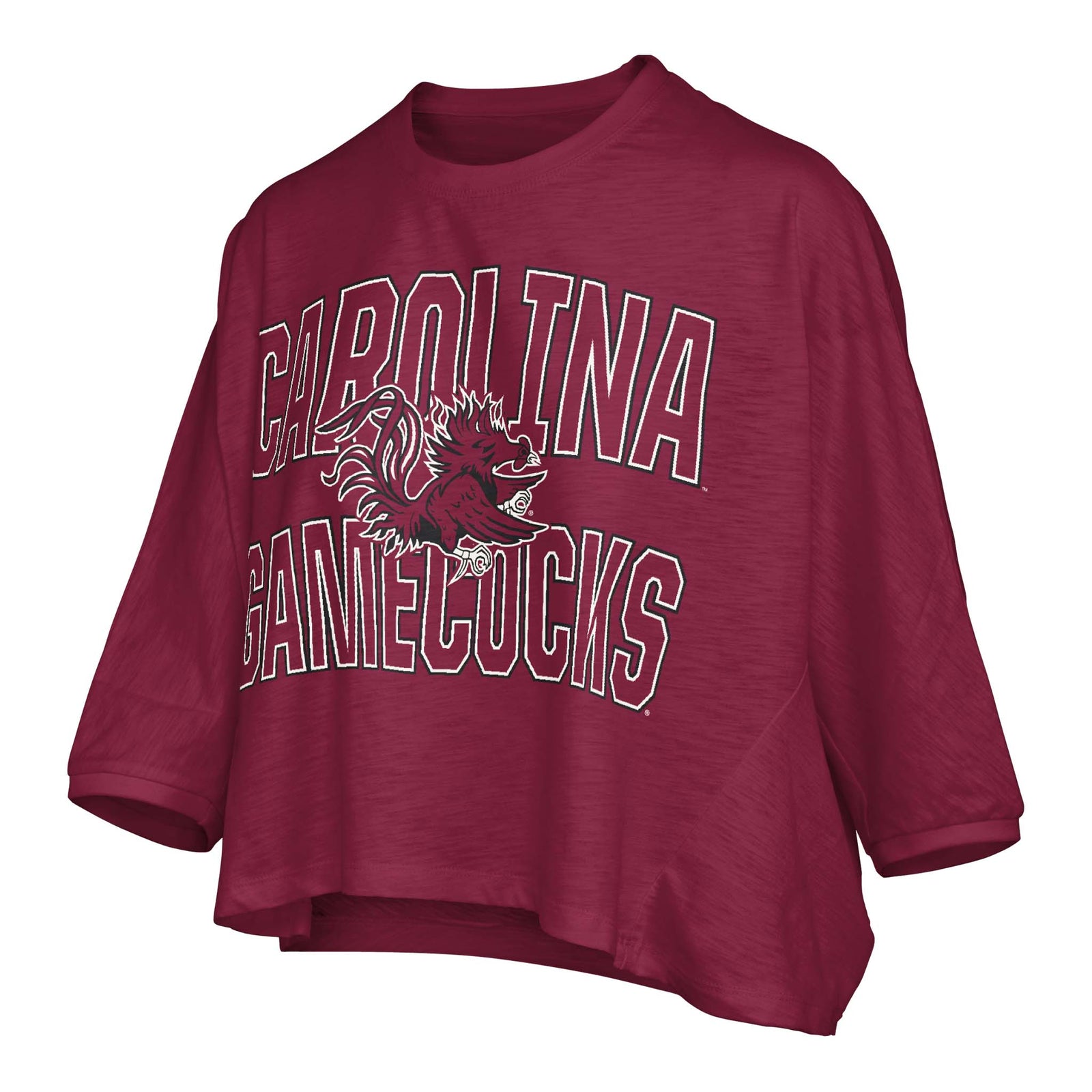 Garnet oversized crop tee with arched “Carolina Gamecocks” text and large Gamecock mascot graphic, featuring wide 3/4 sleeves and relaxed fit.