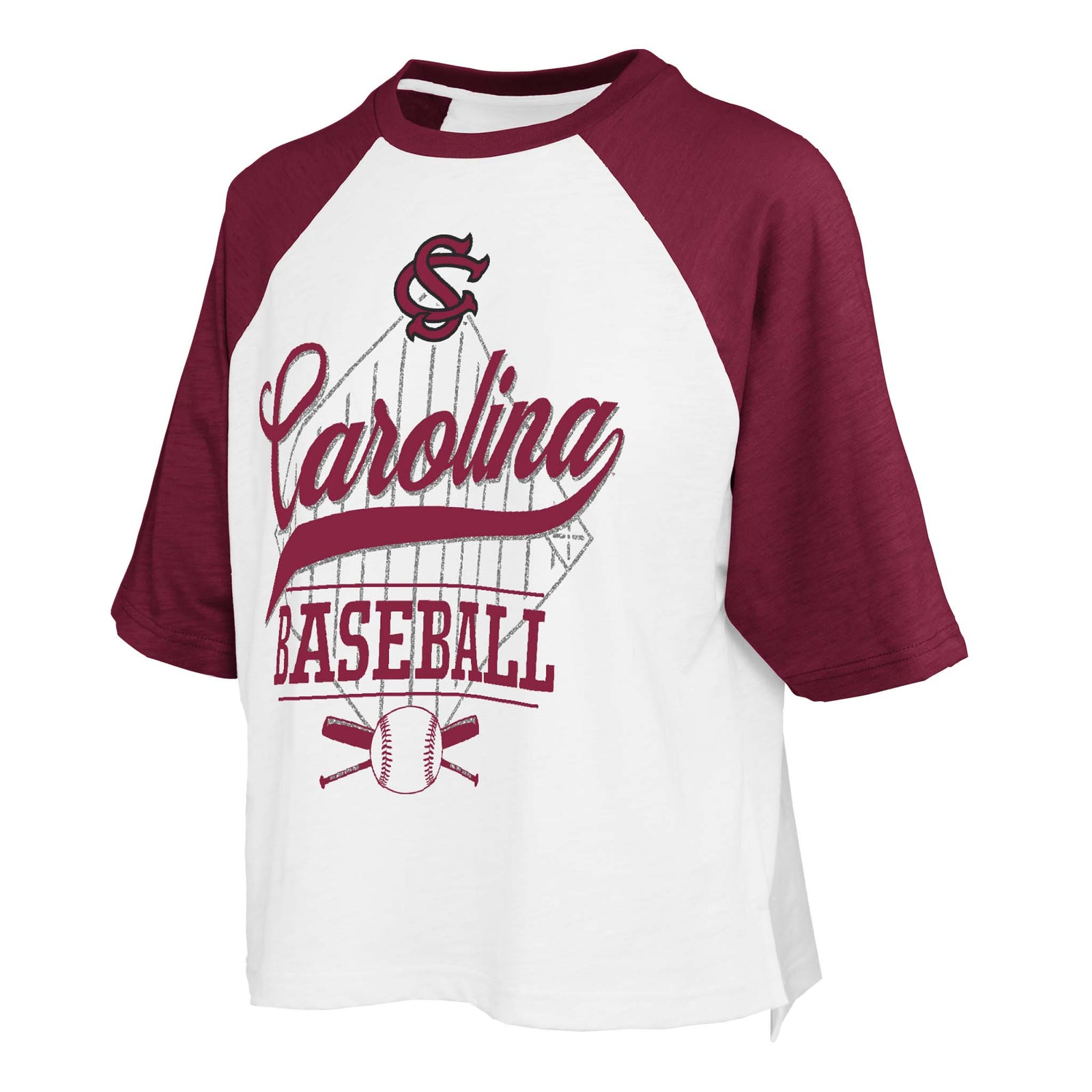Baseball-themed shirt with 'Carolina Baseball' text and maroon sleeves on a white background