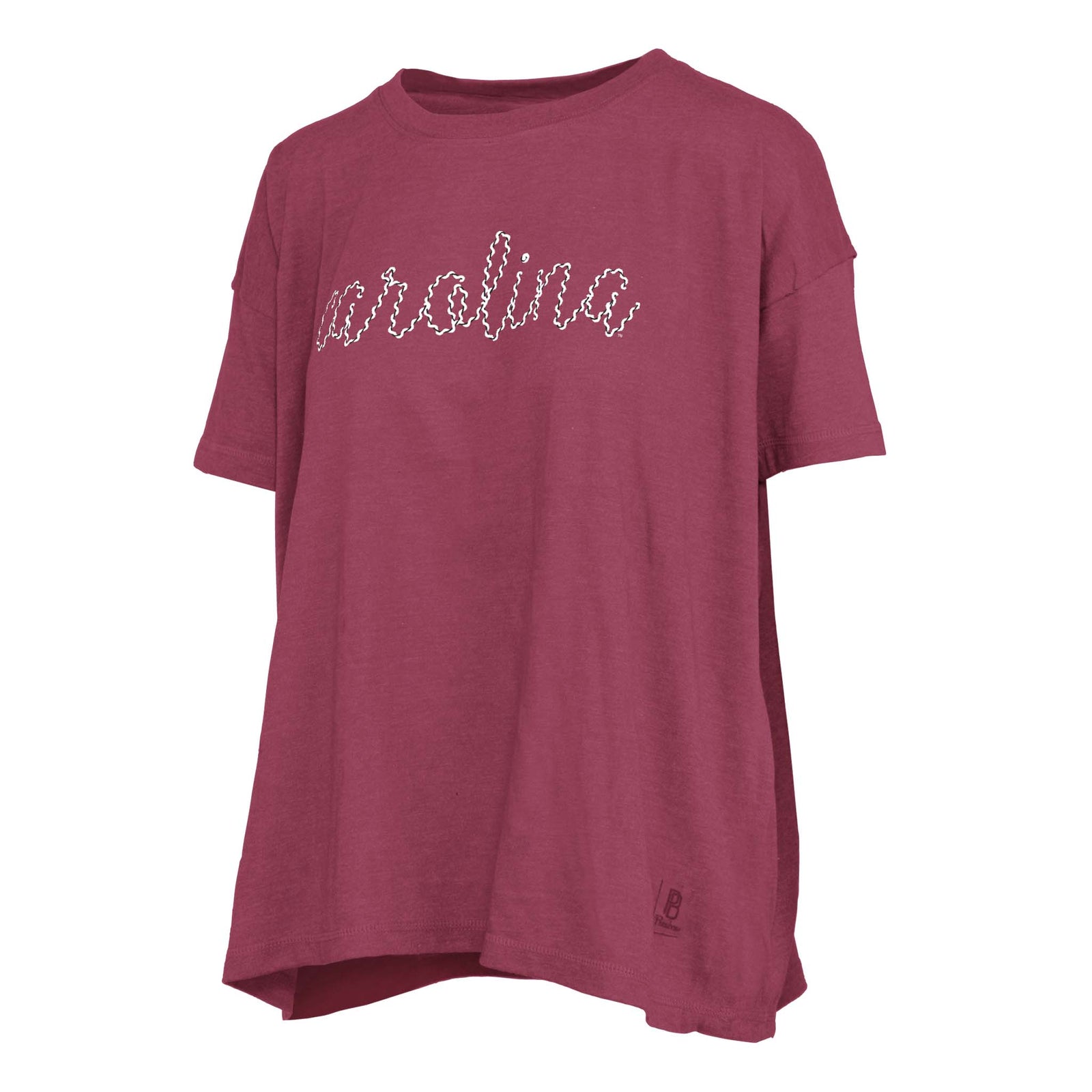 Maroon t-shirt with 'Carolina' text on a white background