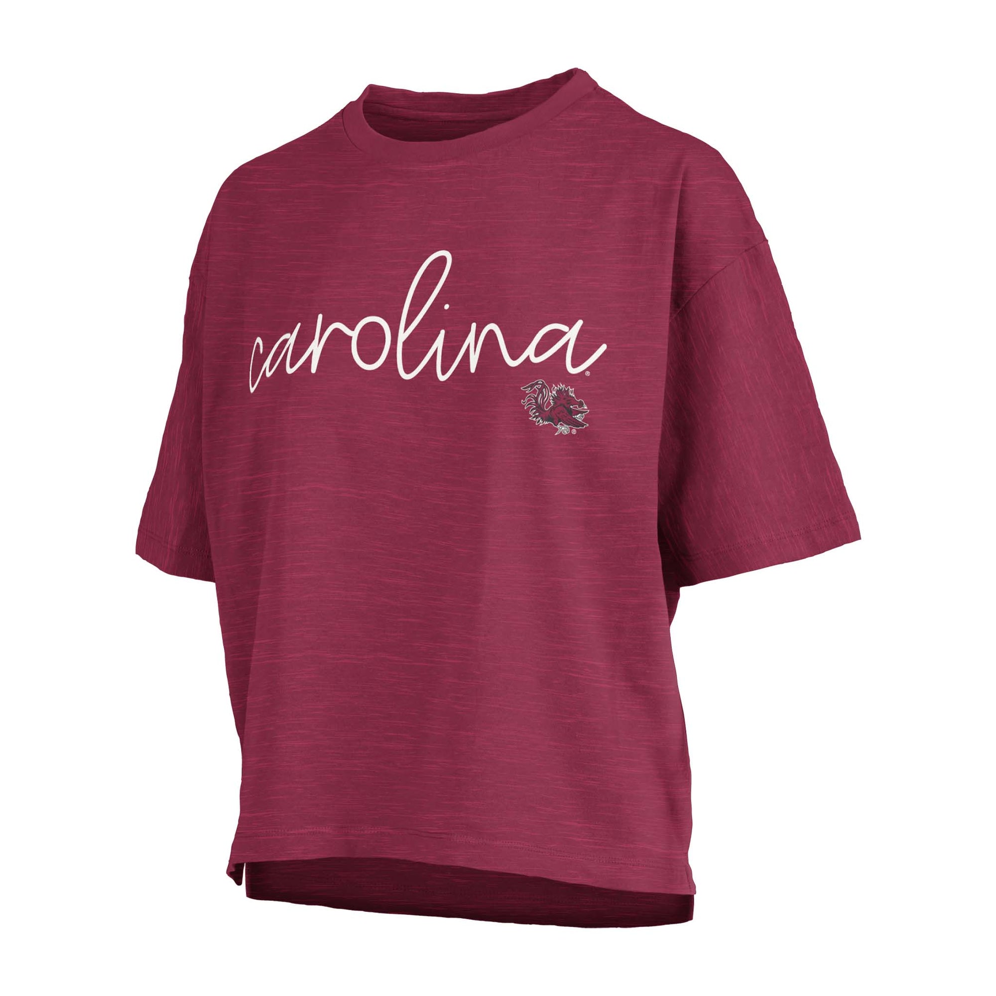 Garnet cropped tee with white script “Carolina” and small South Carolina Gamecock logo on front left chest.