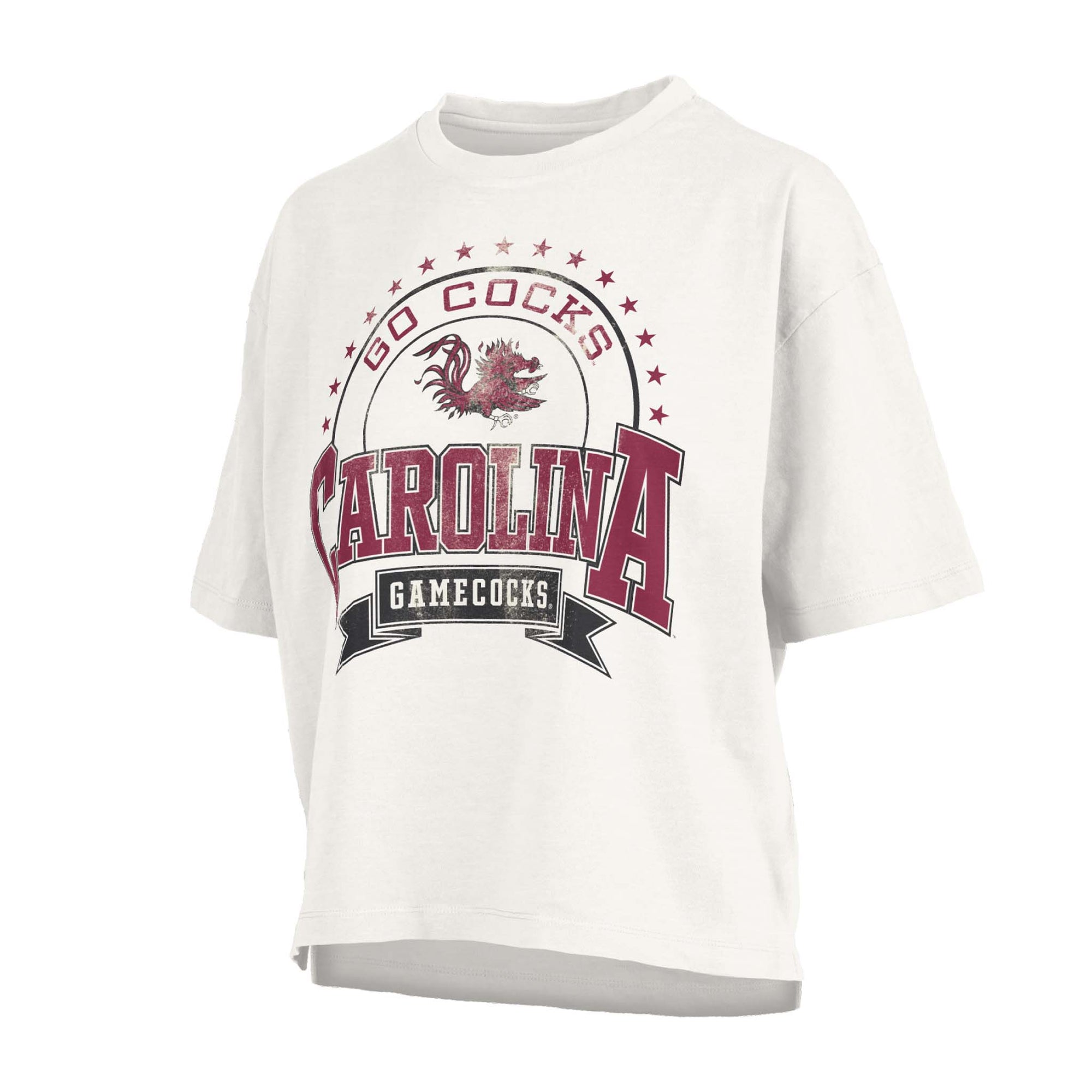 White cropped South Carolina Gamecocks t-shirt with bold “Carolina Gamecocks” text, fighting rooster logo, and “Go Cocks” star arch design.