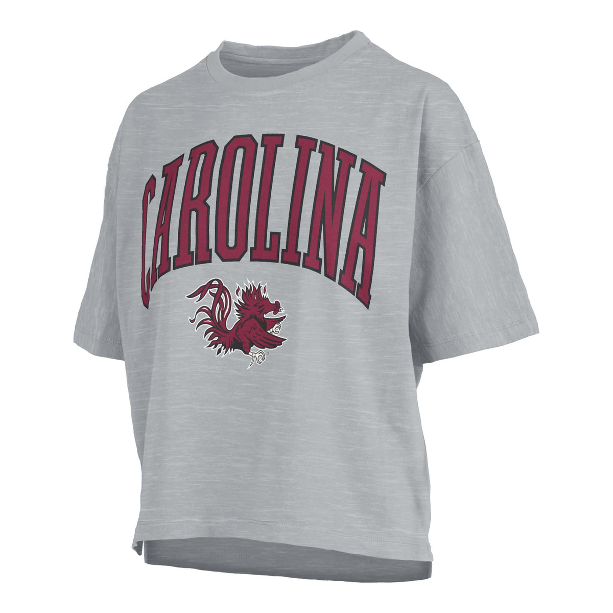 Heather gray cropped tee with arched garnet “Carolina” text and large Gamecock mascot graphic underneath, printed on soft cotton slub fabric.