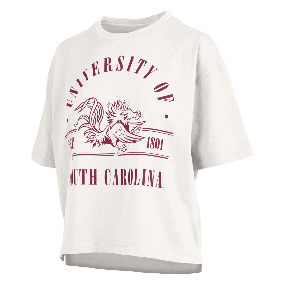 White cropped tee with arched “University of South Carolina” text and large flying Gamecock mascot in maroon printed on the front.