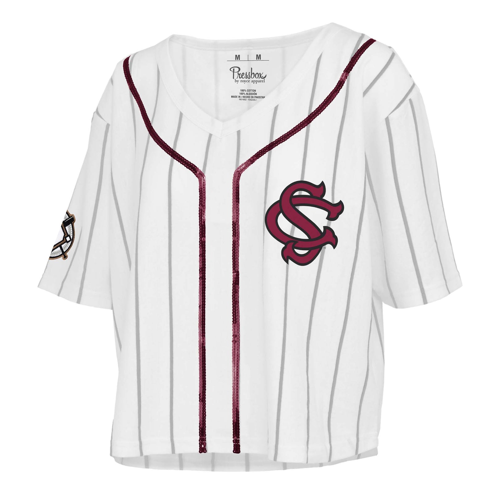 Baseball jersey with maroon accents and logo on a white background