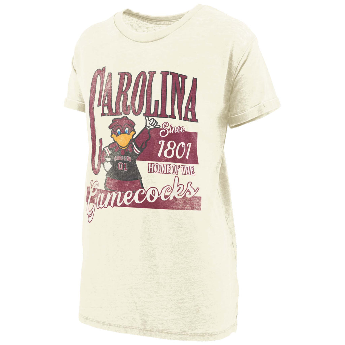 Ivory short sleeve tee with faded graphic of Gamecock mascot, “Carolina Since 1801 Home of the Gamecocks” text in garnet and white.