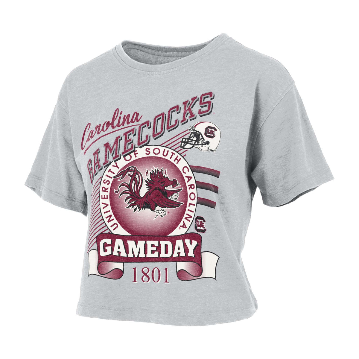 Heather gray cropped tee with “Carolina Gamecocks Gameday” text, University of South Carolina circle logo, helmet, and garnet Gamecock mascot graphic.