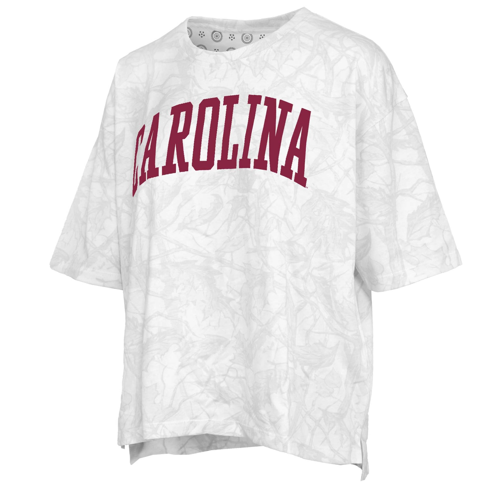 White and light grey camo pattern short sleeve oversized t-shirt with 'CAROLINA' printed in red on a white background