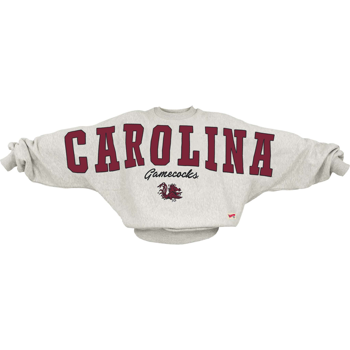 One size ash grey crewneck sweatshirt with oversized garnet “CAROLINA” text, black “Gamecocks” script, and Gamecock logo on front.