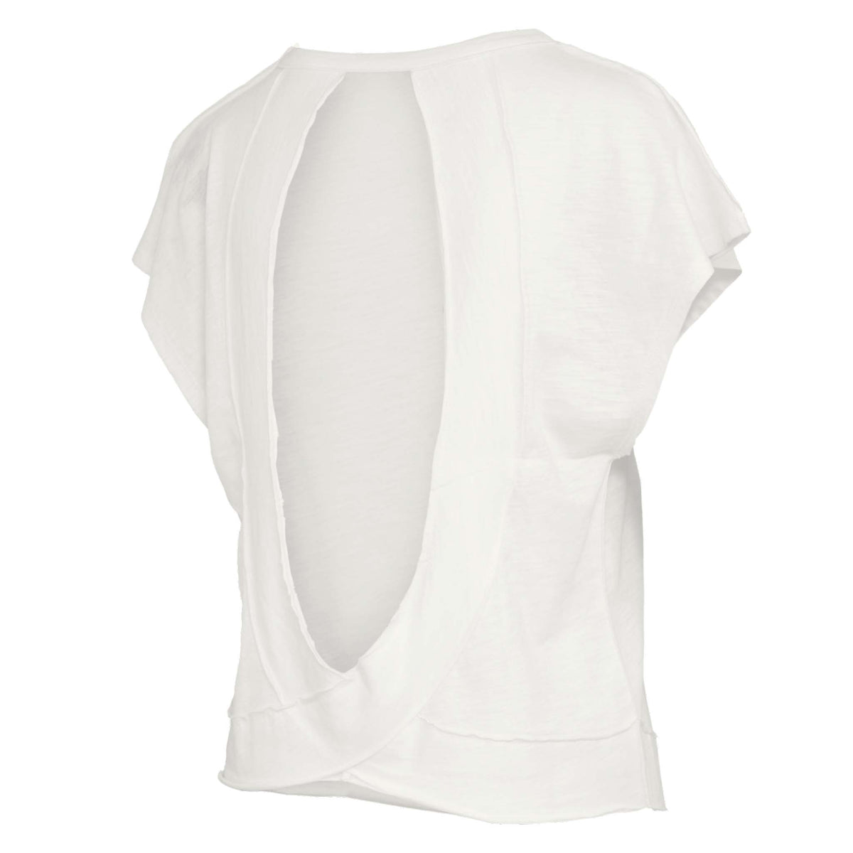 Ivory sleeveless top with a deep open back design shown on a white background