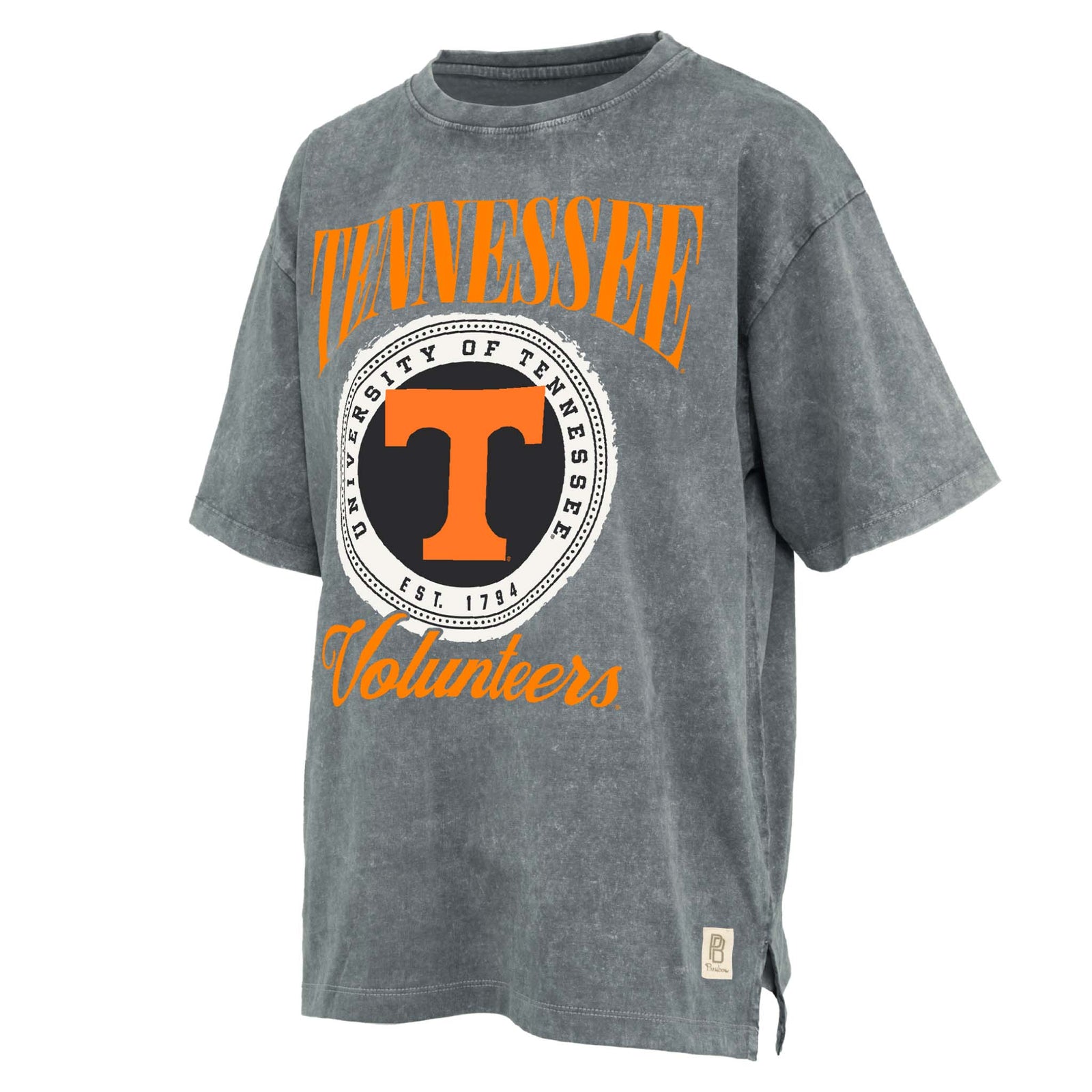 mineral washed Gray oversized t-shirt with Tennessee Volunteers logo shown on a white background