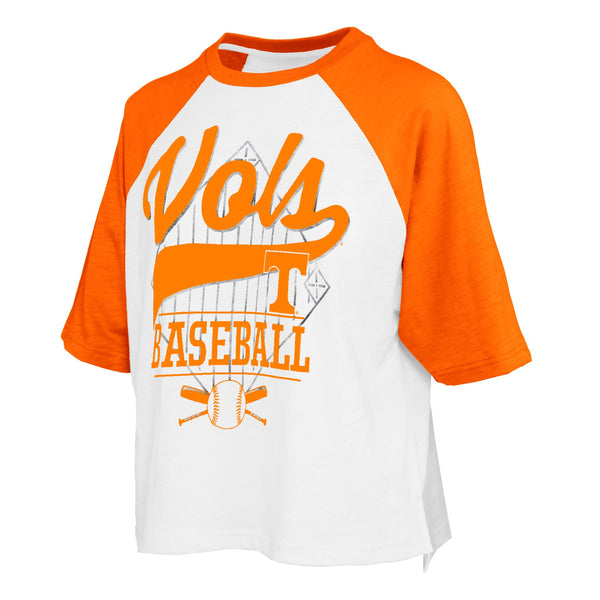 Orange and white baseball shirt with 'Vols Baseball' text on a white background