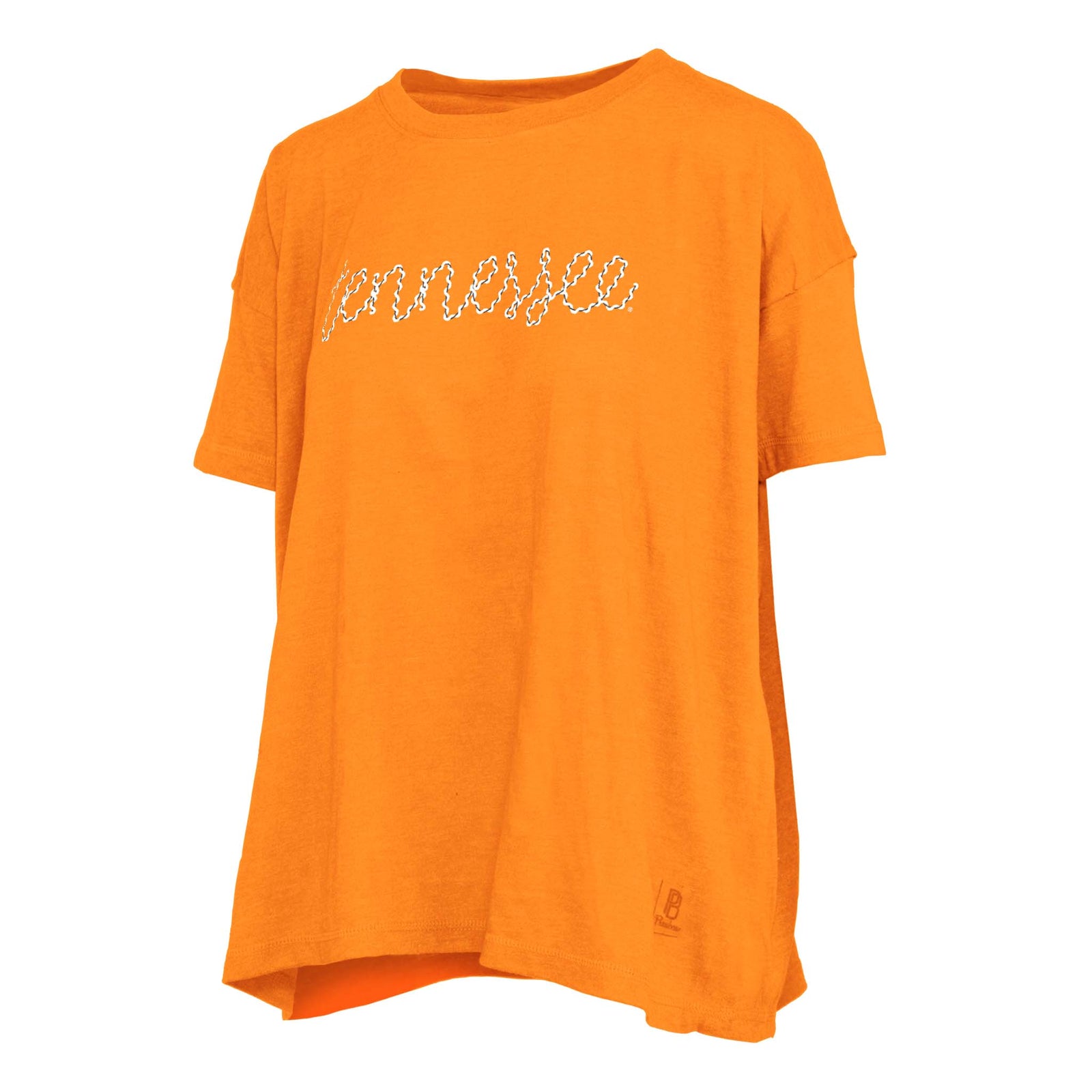 Orange t-shirt with white text on a white background