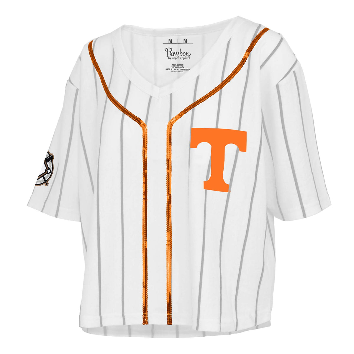 Baseball jersey with orange accents and a logo on a white background
