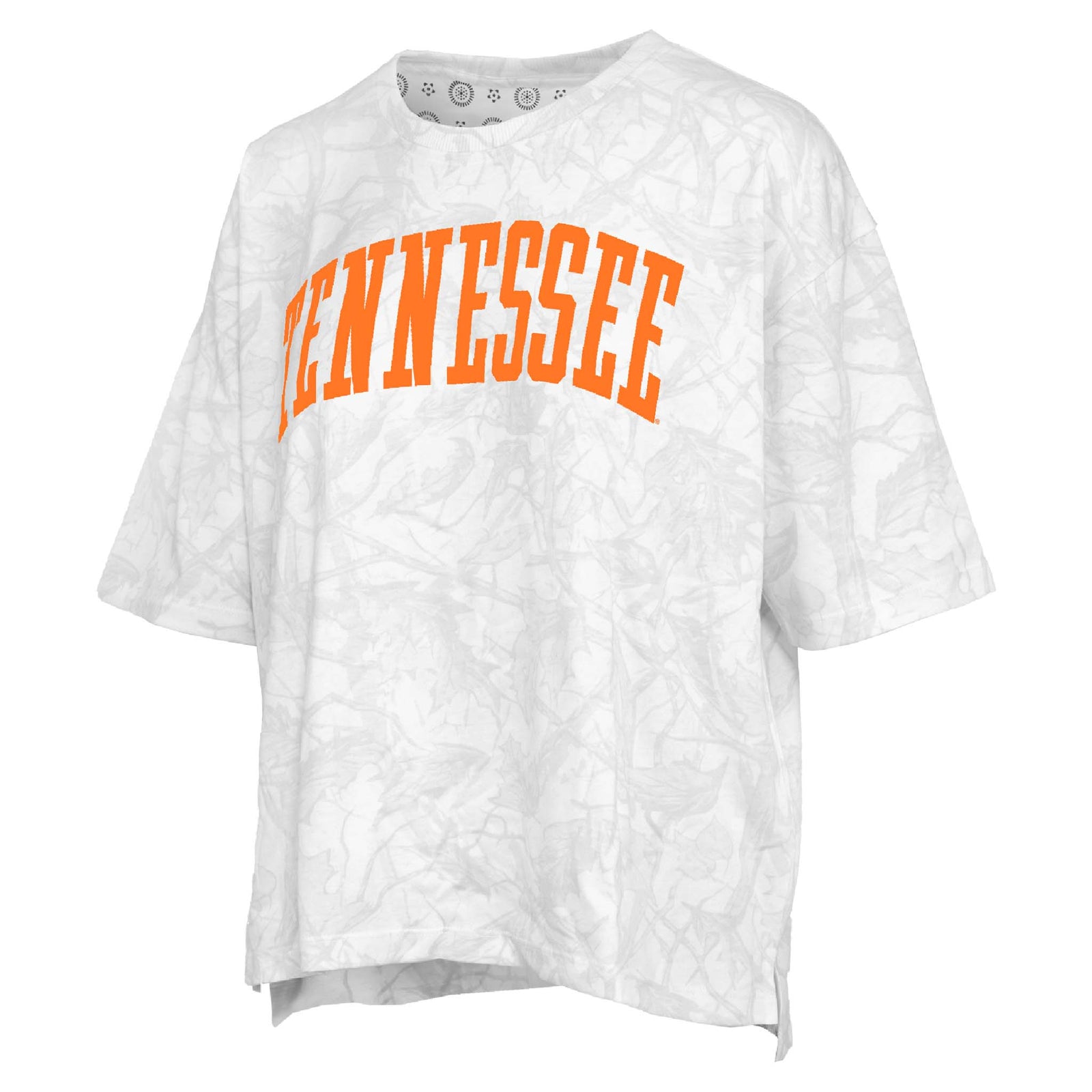 light grey and white camo oversized t-shirt with 'TENNESSEE' printed in orange displayed on a white background