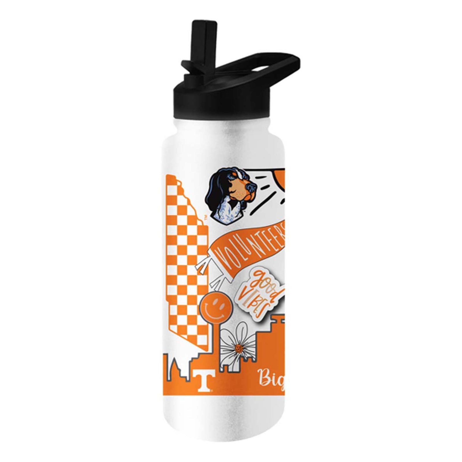 University of Tennessee water bottle with Smokey mascot, checkerboard state design, "Volunteers" and "Good Vibes" text, and orange graphics.