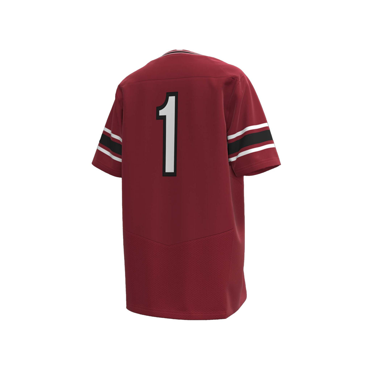 Back view of youth USC Gamecocks replica football jersey in maroon with number 1 centered.