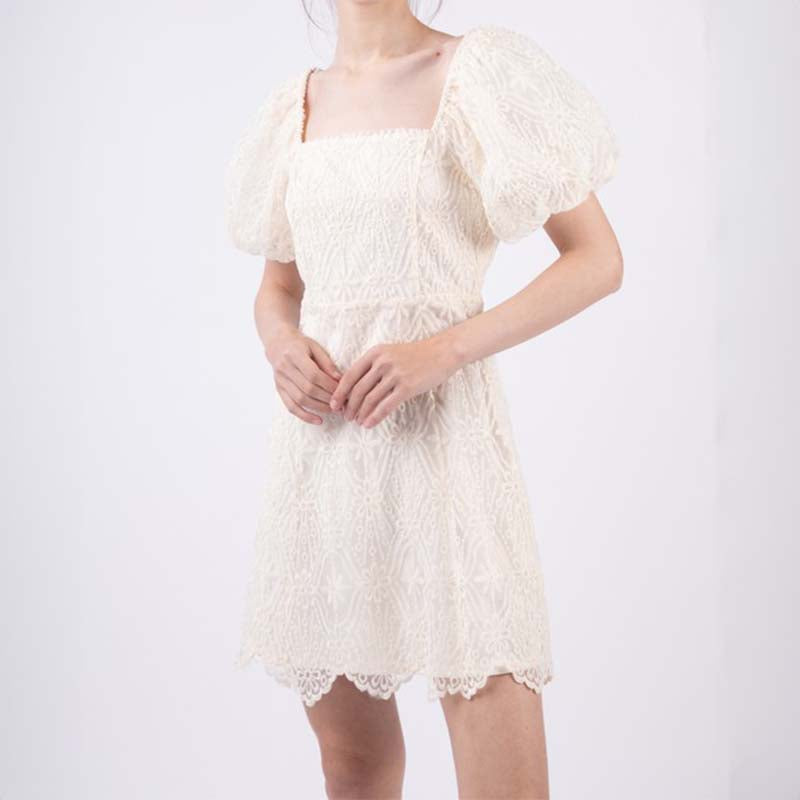 Bubble Sleeve Lace White Dress