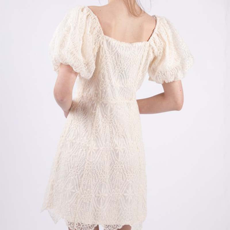Bubble Sleeve Lace White Dress