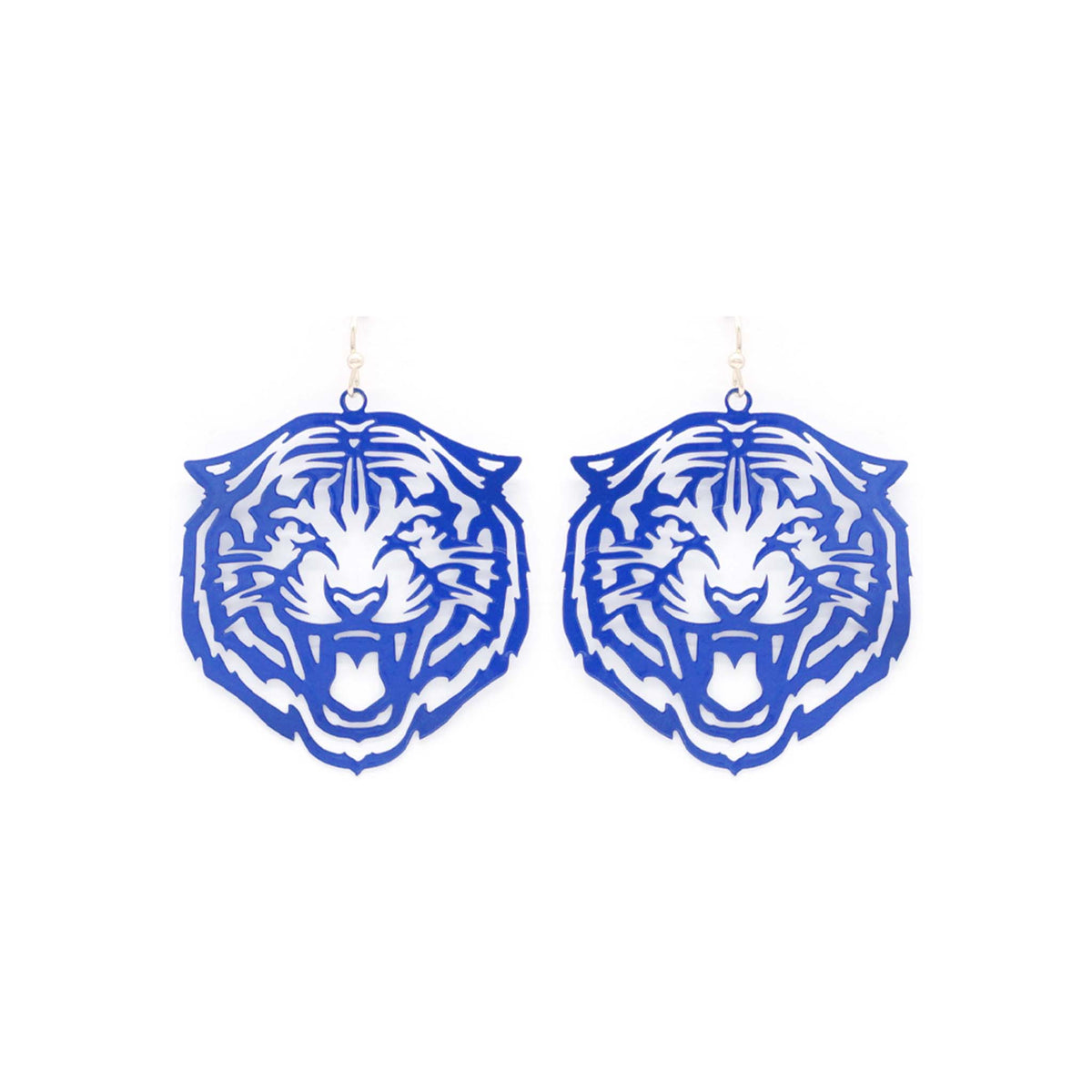 Blue cutout dangle earrings in the shape of a tiger's face with hook backs, shown on a white background.