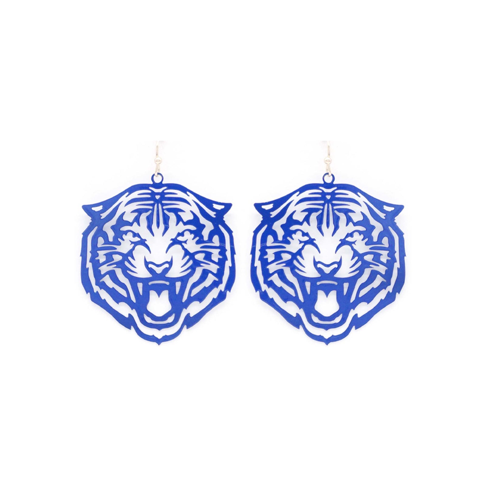 Blue cutout dangle earrings in the shape of a tiger's face with hook backs, shown on a white background.