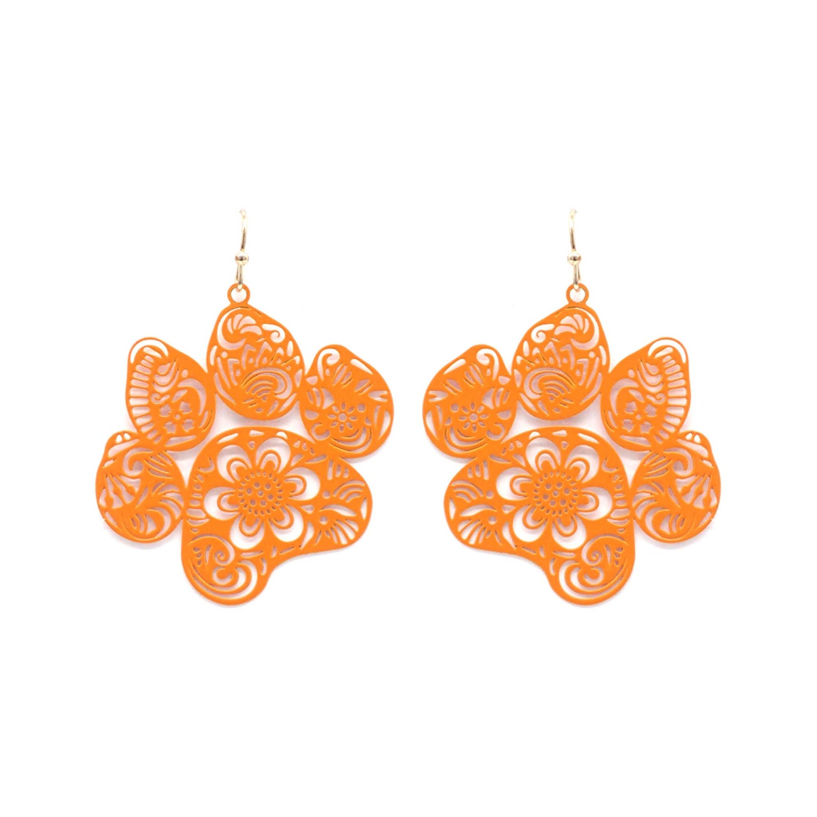 Orange dangle earrings shaped like a paw print with floral cutout detailing, set against a white background.