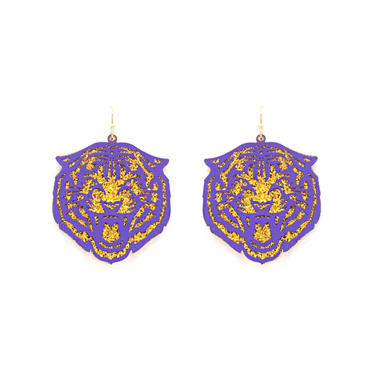 Purple dangle earrings shaped like a tiger's face with gold glitter accents, shown against a white background.