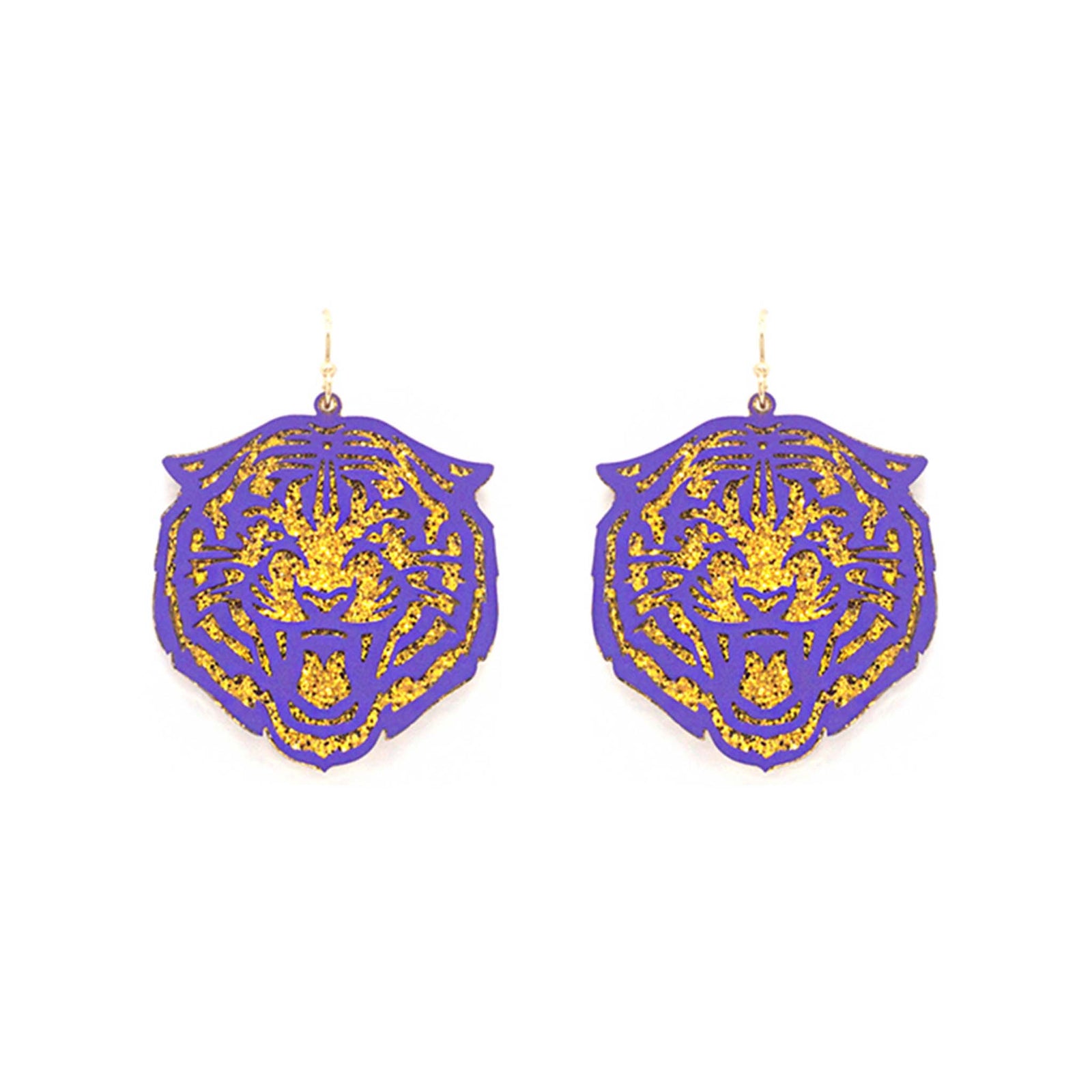 Purple dangle earrings shaped like a tiger's face with gold glitter accents, shown against a white background.
