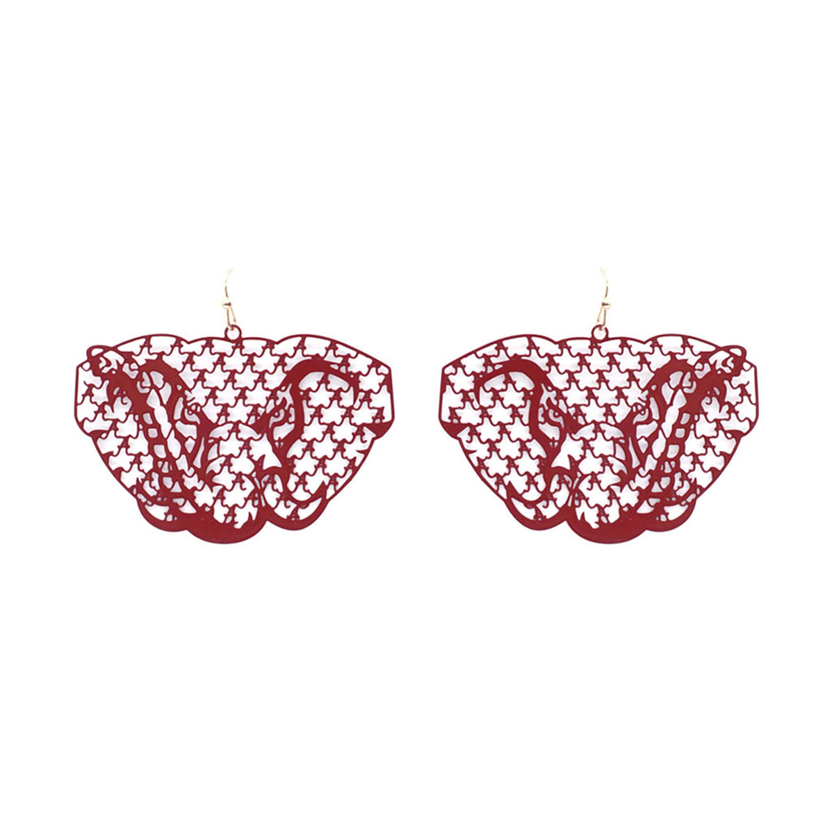 Maroon dangle earrings shaped like an elephant head with houndstooth cutout pattern, displayed on a white background.