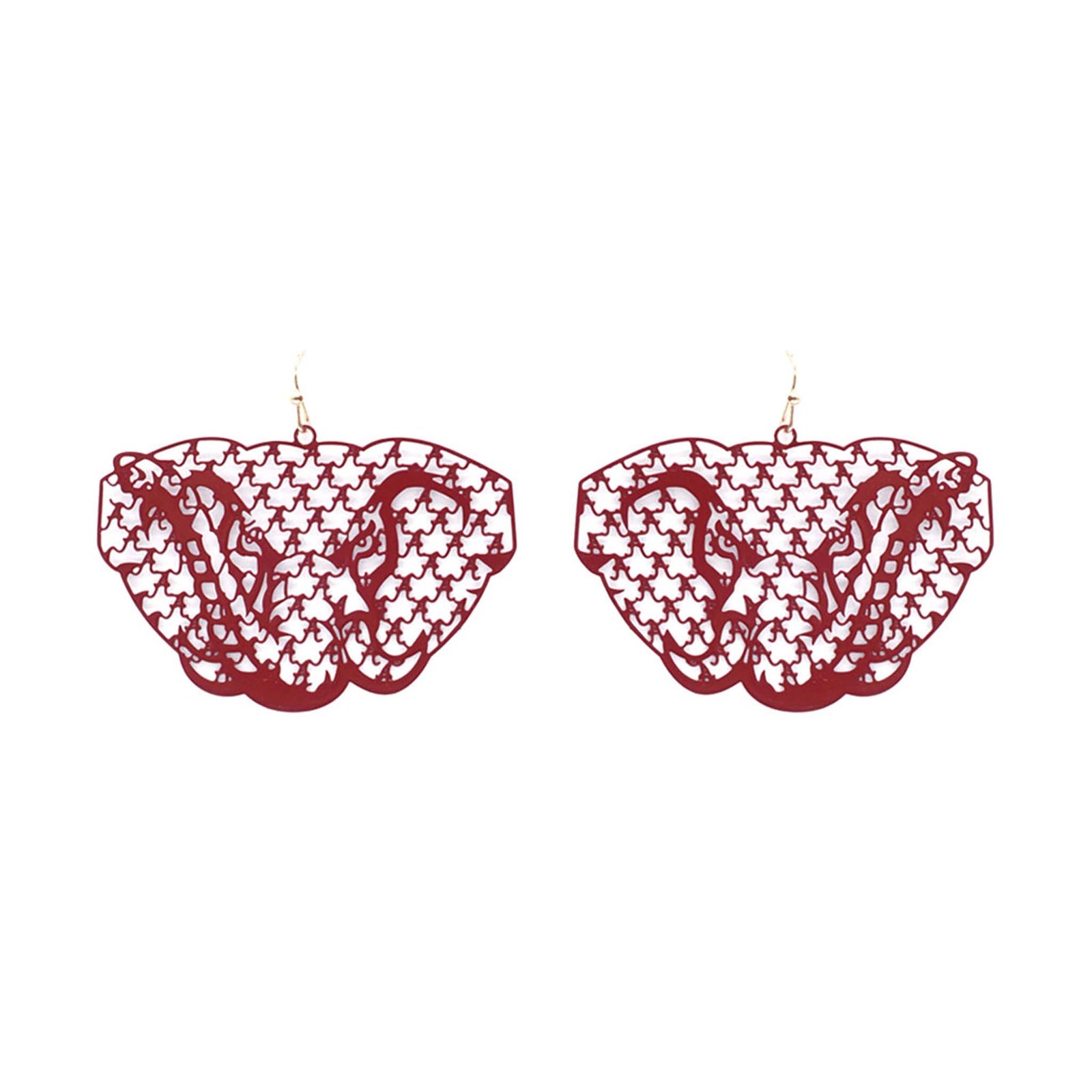 Maroon dangle earrings shaped like an elephant head with houndstooth cutout pattern, displayed on a white background.