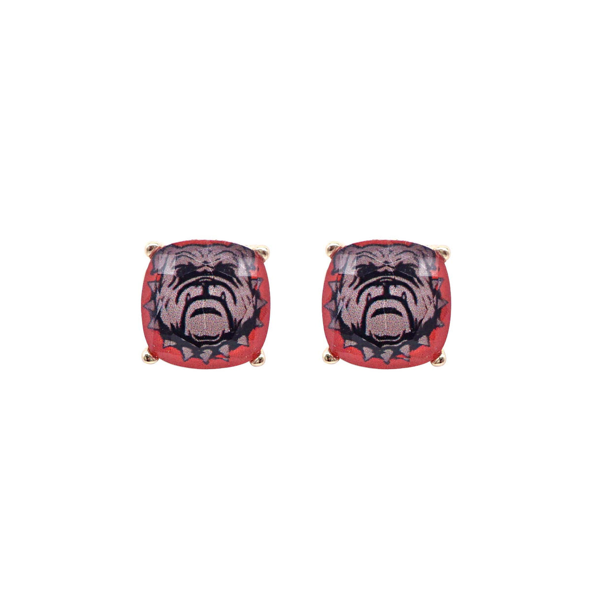 Red cushion stud earrings featuring a fierce black bulldog face design with gold-tone prongs, shown on a white background.