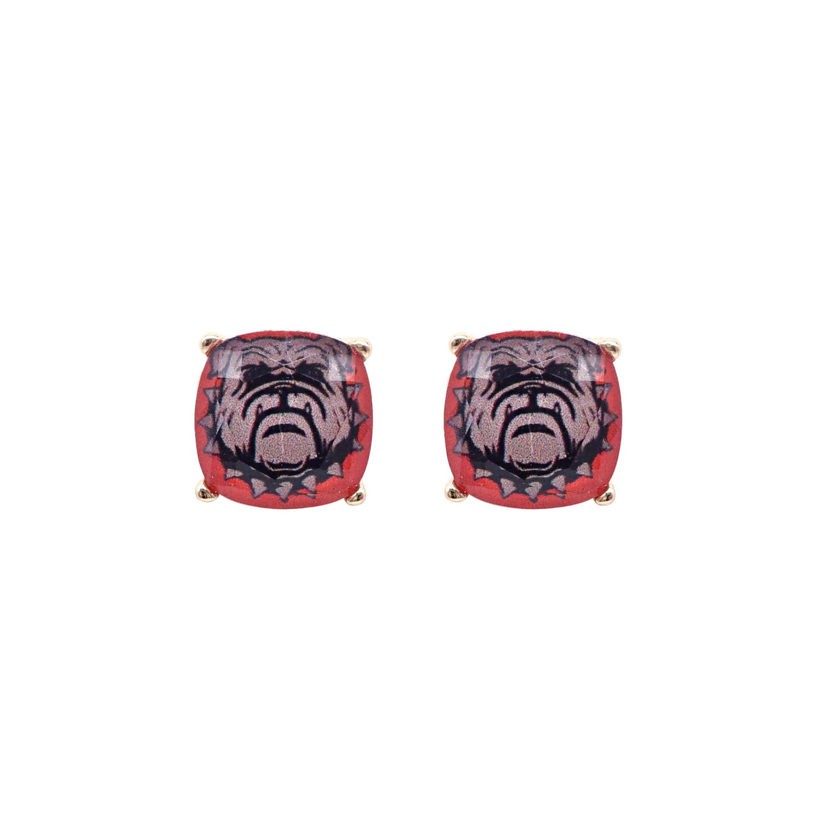 Red cushion stud earrings featuring a fierce black bulldog face design with gold-tone prongs, shown on a white background.