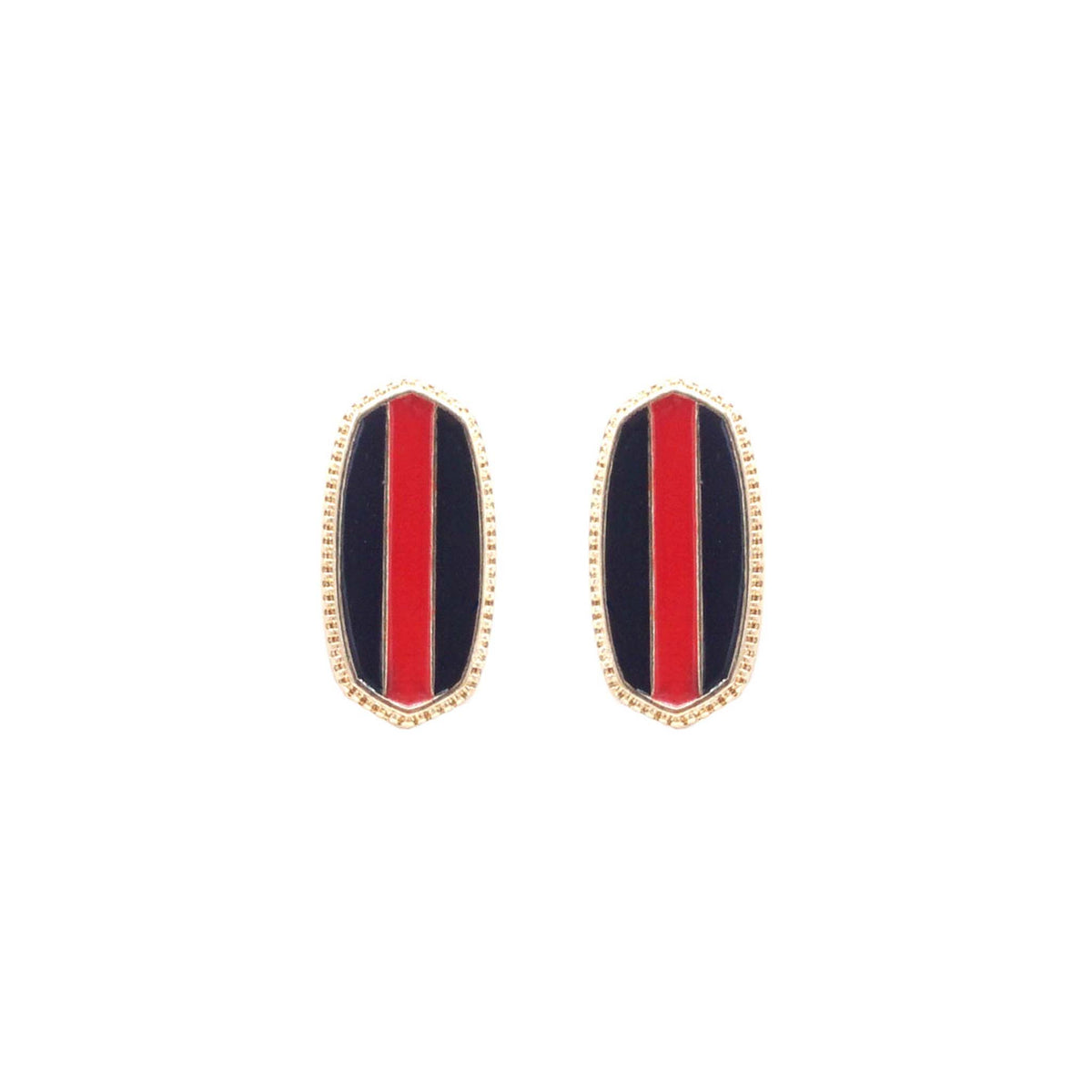 Oval stud earrings with vertical red stripe centered between black sides in a gold-tone setting, displayed on white.