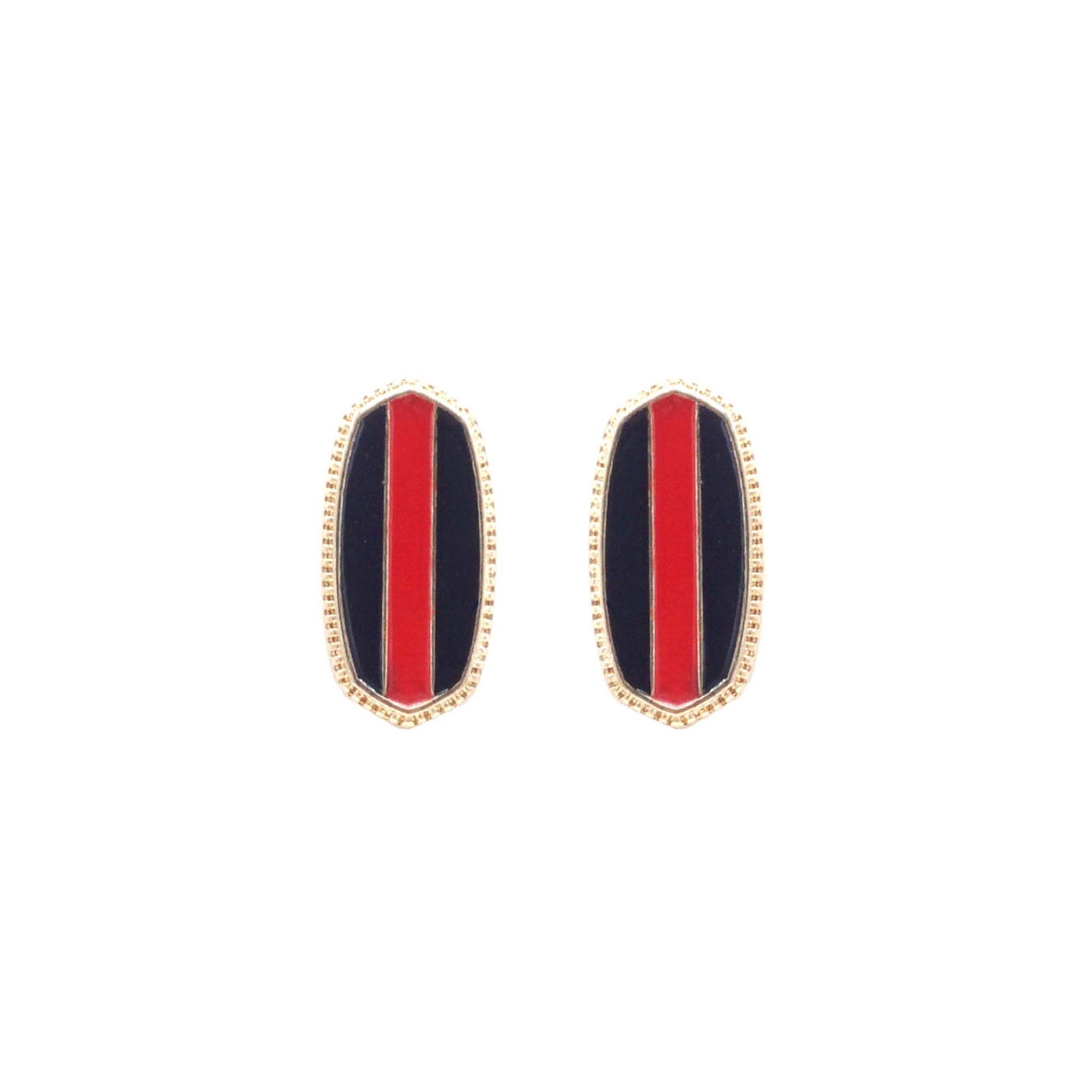 Oval stud earrings with vertical red stripe centered between black sides in a gold-tone setting, displayed on white.