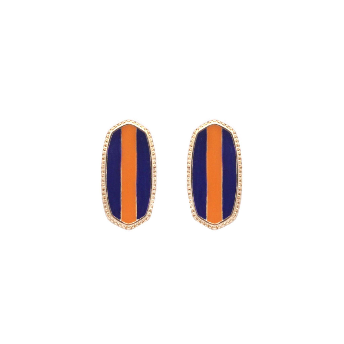 Oval stud earrings with vertical orange stripe centered between purple sides in a gold-tone setting, displayed on white.