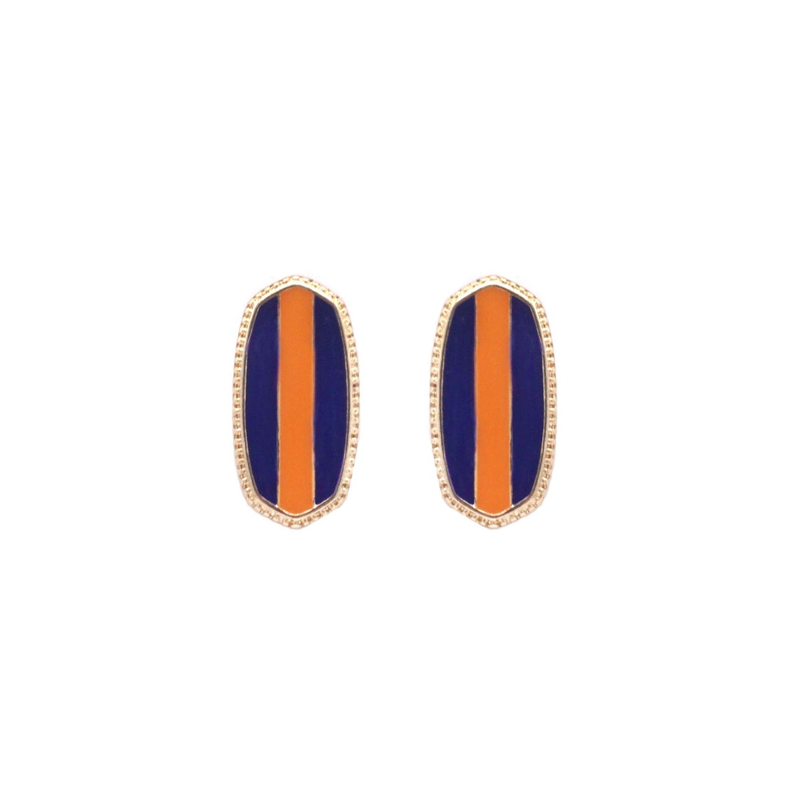 Oval stud earrings with vertical orange stripe centered between purple sides in a gold-tone setting, displayed on white.