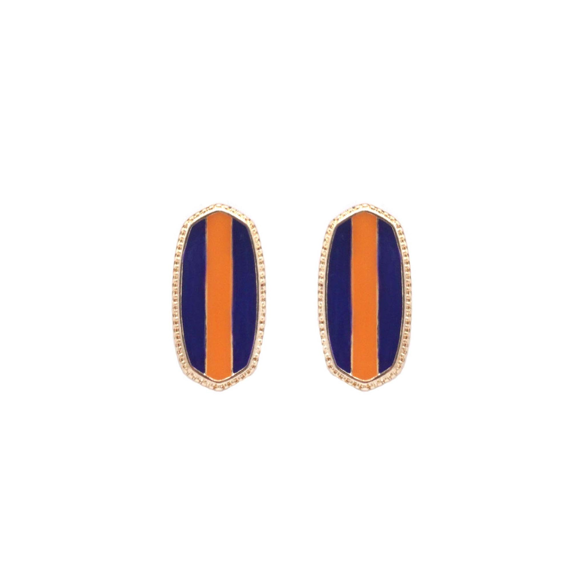 Oval stud earrings with vertical orange stripe centered between purple sides in a gold-tone setting, displayed on white.