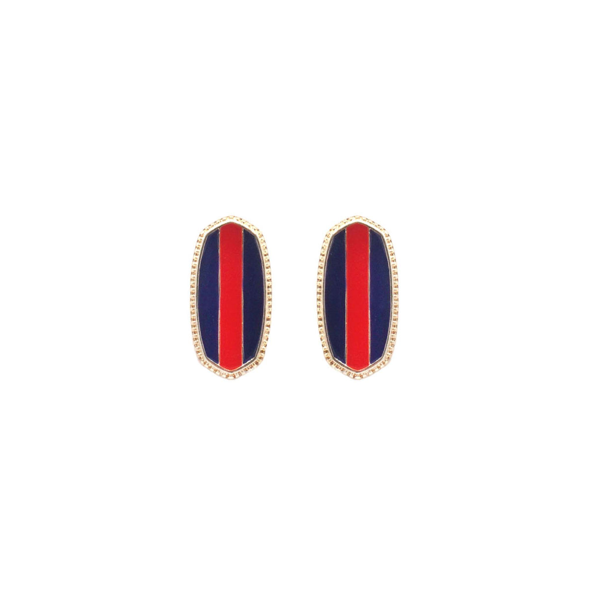 Pair of earrings with red and blue striped design on a white background