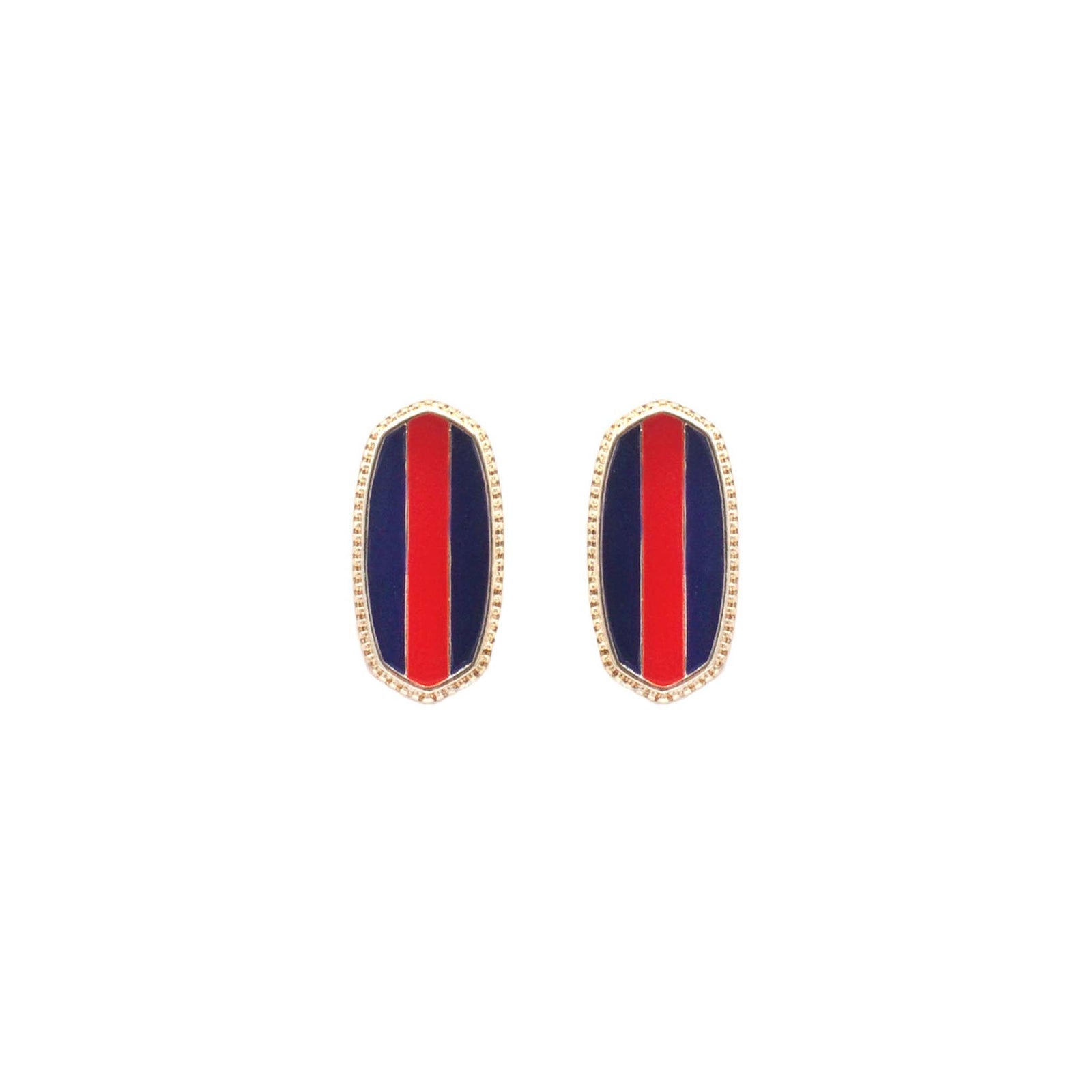 Pair of earrings with red and blue striped design on a white background